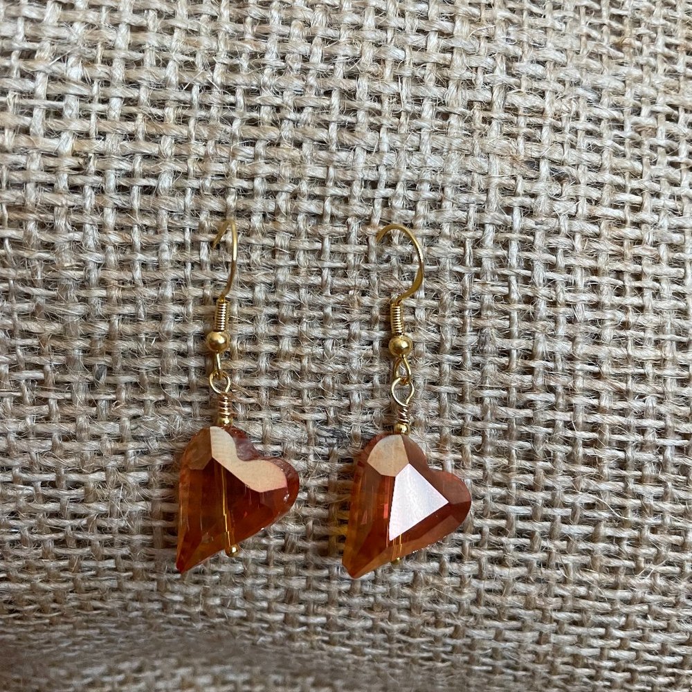 Crystal Heart Sparkly Gold Drop Dangle Pierced Artisan Earrings 2 5/8” NWOT